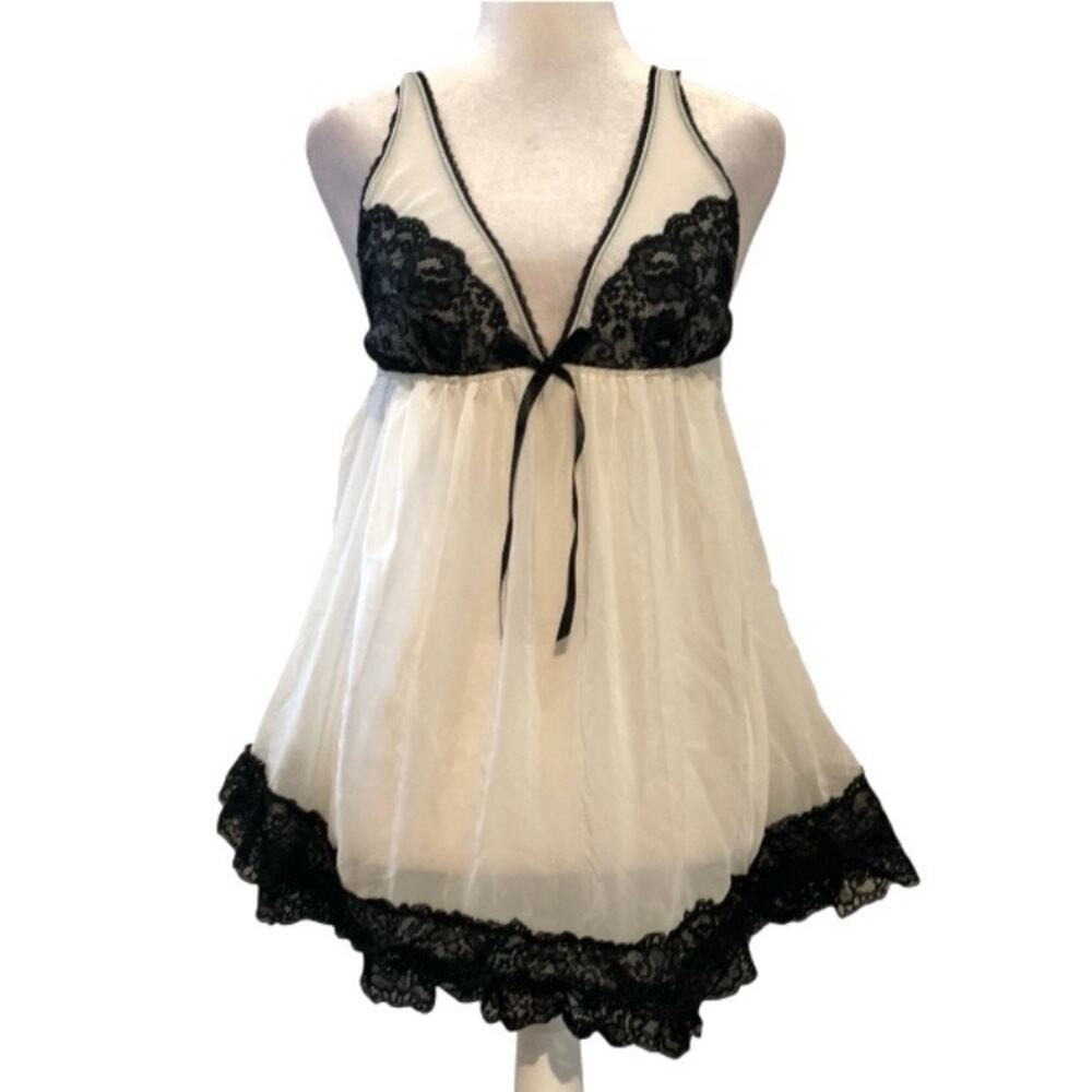 Victoria’s Secret Y2K Sheer Lace Babydoll White Black L Lingerie